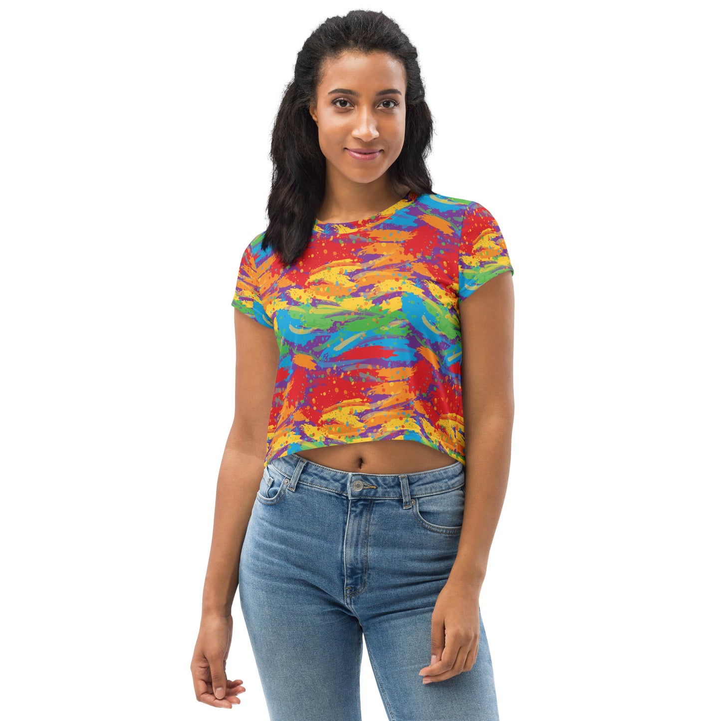 Rainbow Pride Crop Tee Fitted Crop Tank Top - LGBTQIA Red, Orange, Yellow, Green, Blue, Indigo, and Viole Flag Cropped T-Shirt - Parade Club Vacation