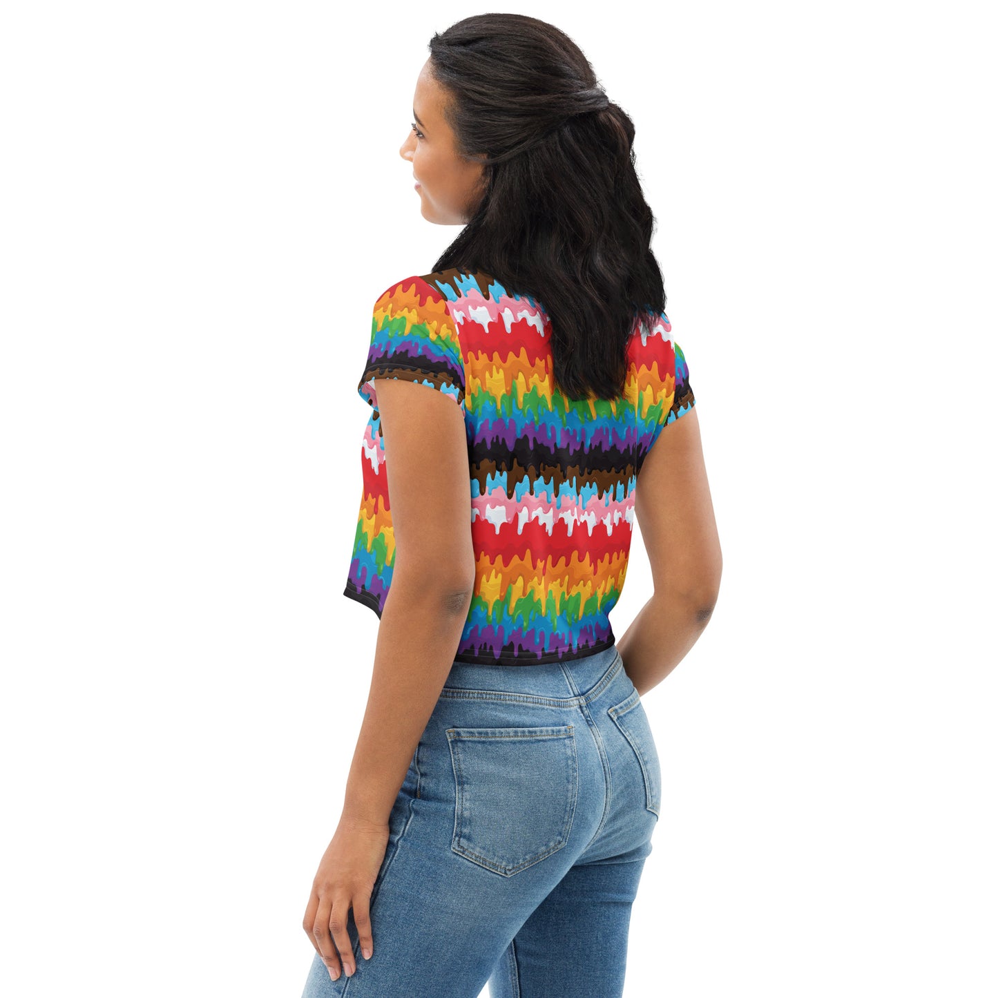 Progress Pride Pride Crop Tee Fitted Crop Tank Top - LGBTQIA Red, Orange, Yellow, Green, Rainbow, Purple, Black, Pink and White Flag Cropped T-Shirt - Parade Club Vacation