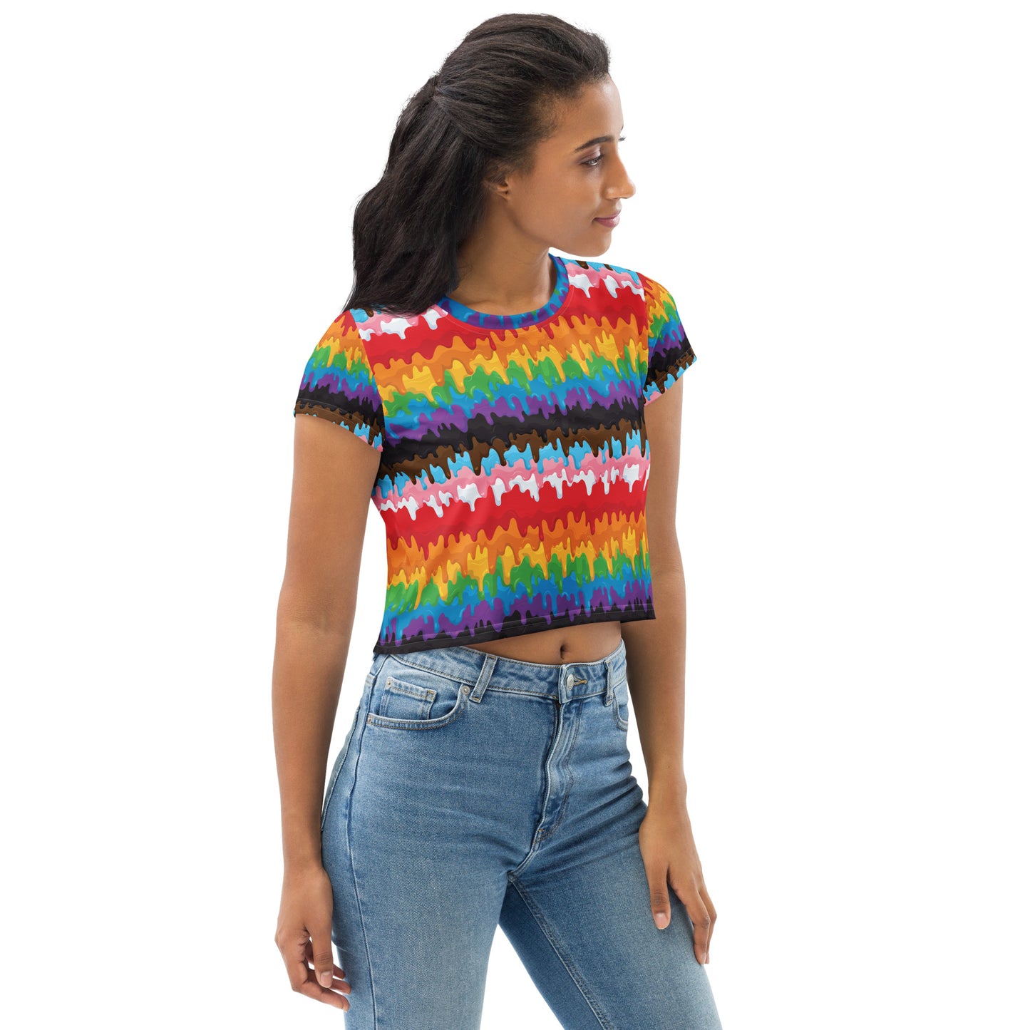 Progress Pride Pride Crop Tee Fitted Crop Tank Top - LGBTQIA Red, Orange, Yellow, Green, Rainbow, Purple, Black, Pink and White Flag Cropped T-Shirt - Parade Club Vacation