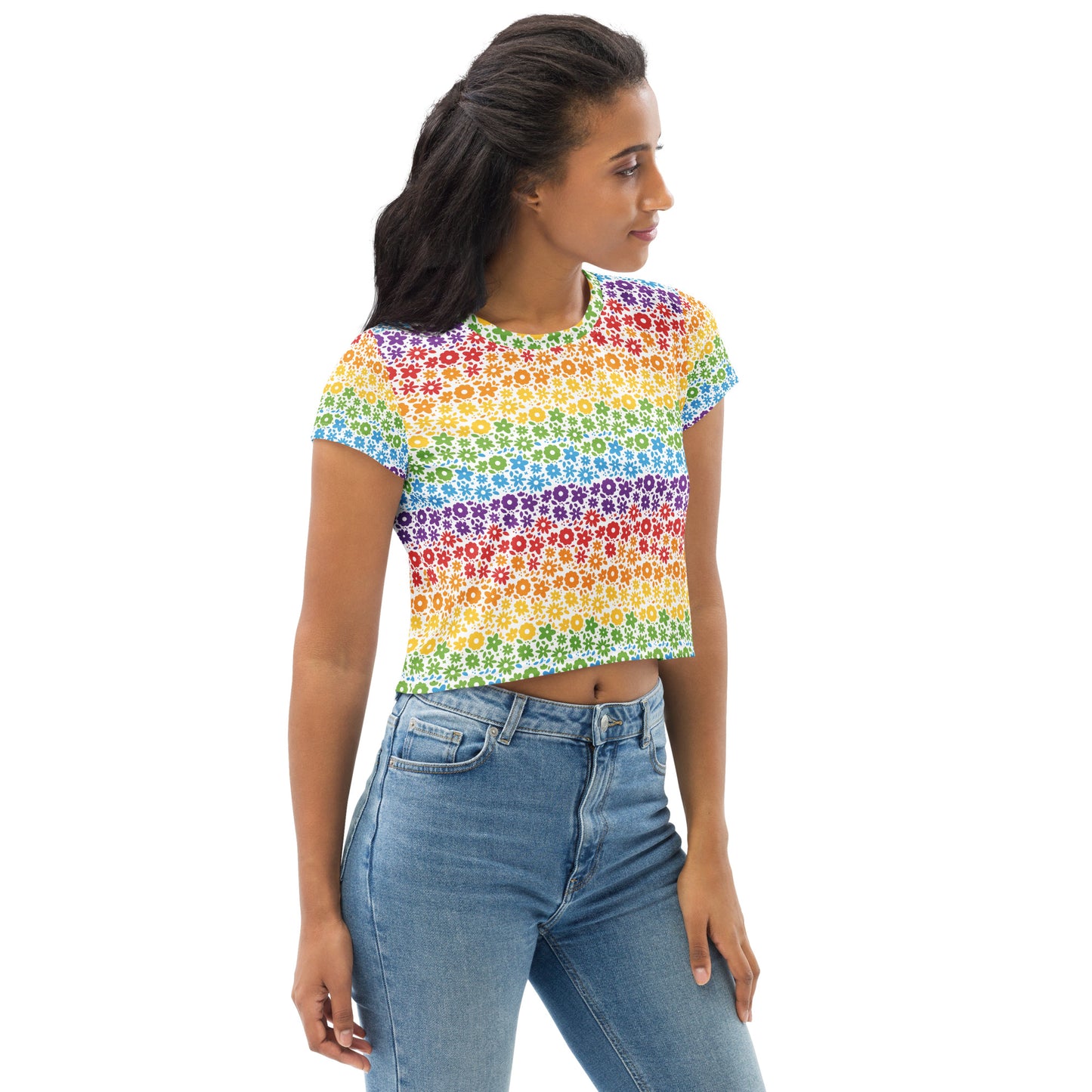 Rainbow Pride Crop Tee Fitted Crop Tank Top - LGBTQIA Red, Orange, Yellow, Green, Blue, Indigo, and Viole Flag Cropped T-Shirt - Parade Club Vacation