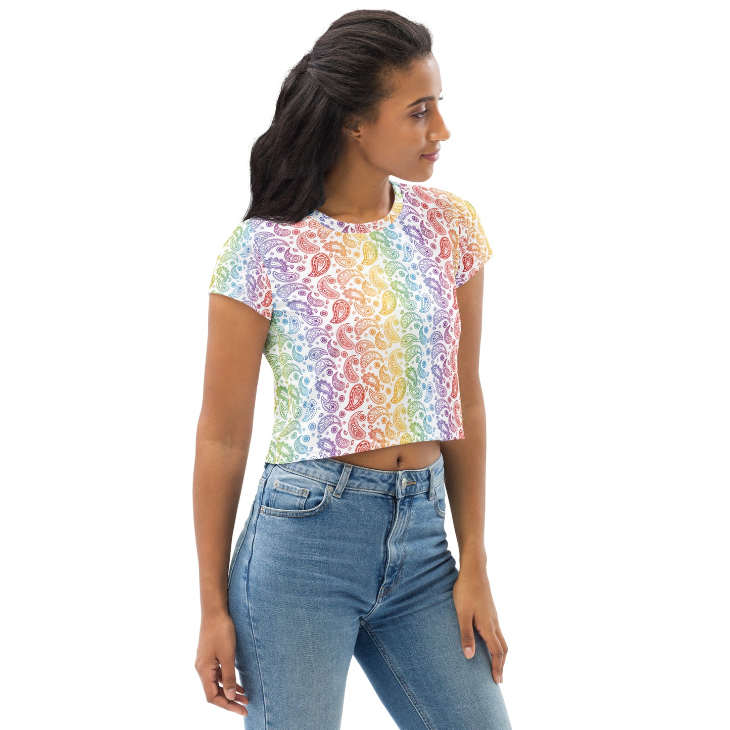 Rainbow Pride Crop Tee Fitted Crop Tank Top - LGBTQIA Red, Orange, Yellow, Green, Blue, Indigo, and Viole Flag Cropped T-Shirt - Parade Club Vacation