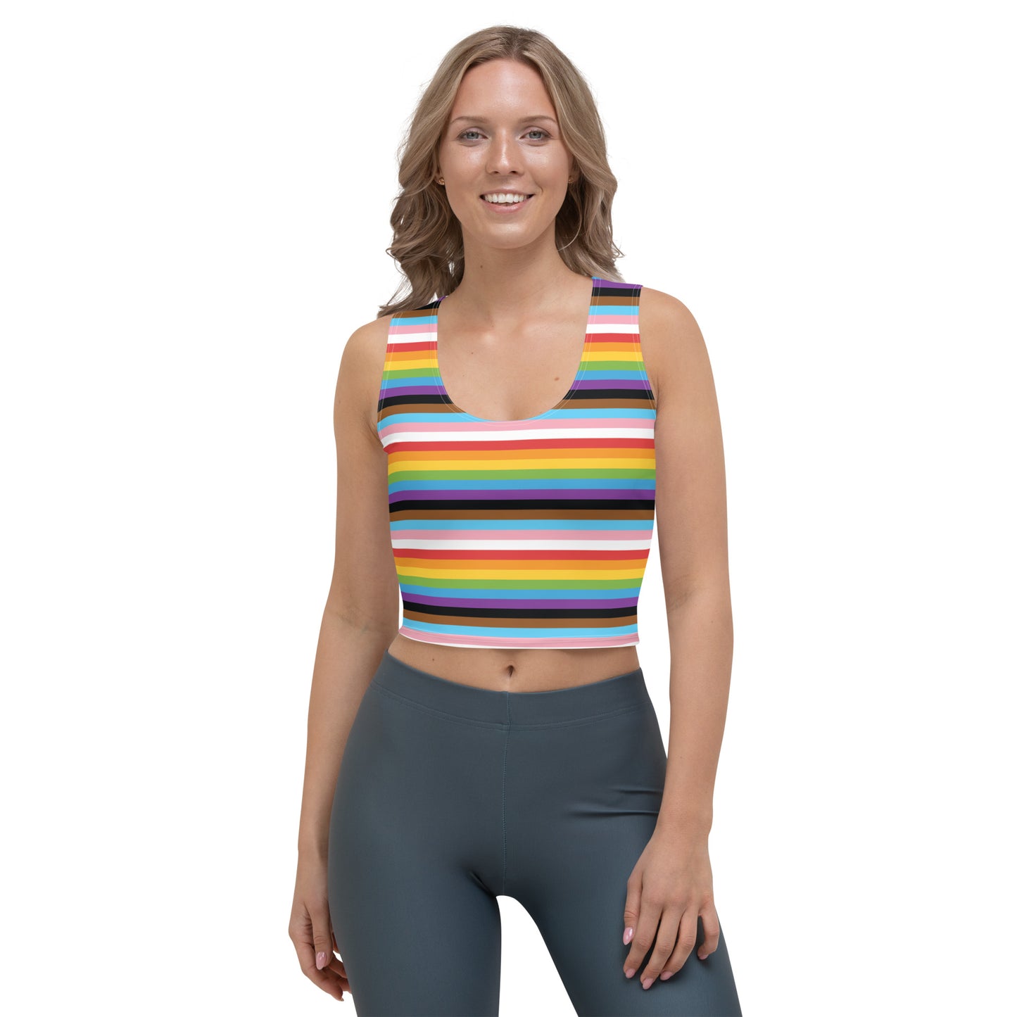 Progress Pride Pride Crop Top Fitted Crop Tank Top - LGBTQIA Red, Orange, Yellow, Green, Rainbow, Purple, Black, Pink and White Flag Cropped T-Shirt - Parade Club Vacation