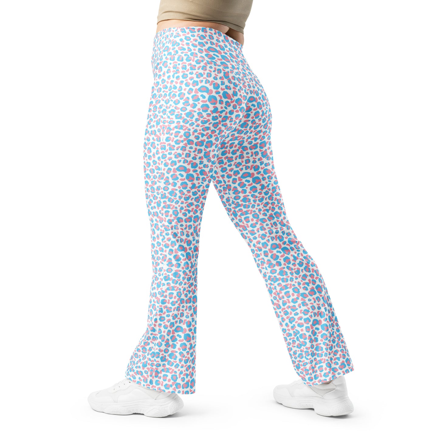 Transgender Pride Leopard Print Flare Leggings - LGBTQIA Pink White Blue Trans Flag - Parade Club