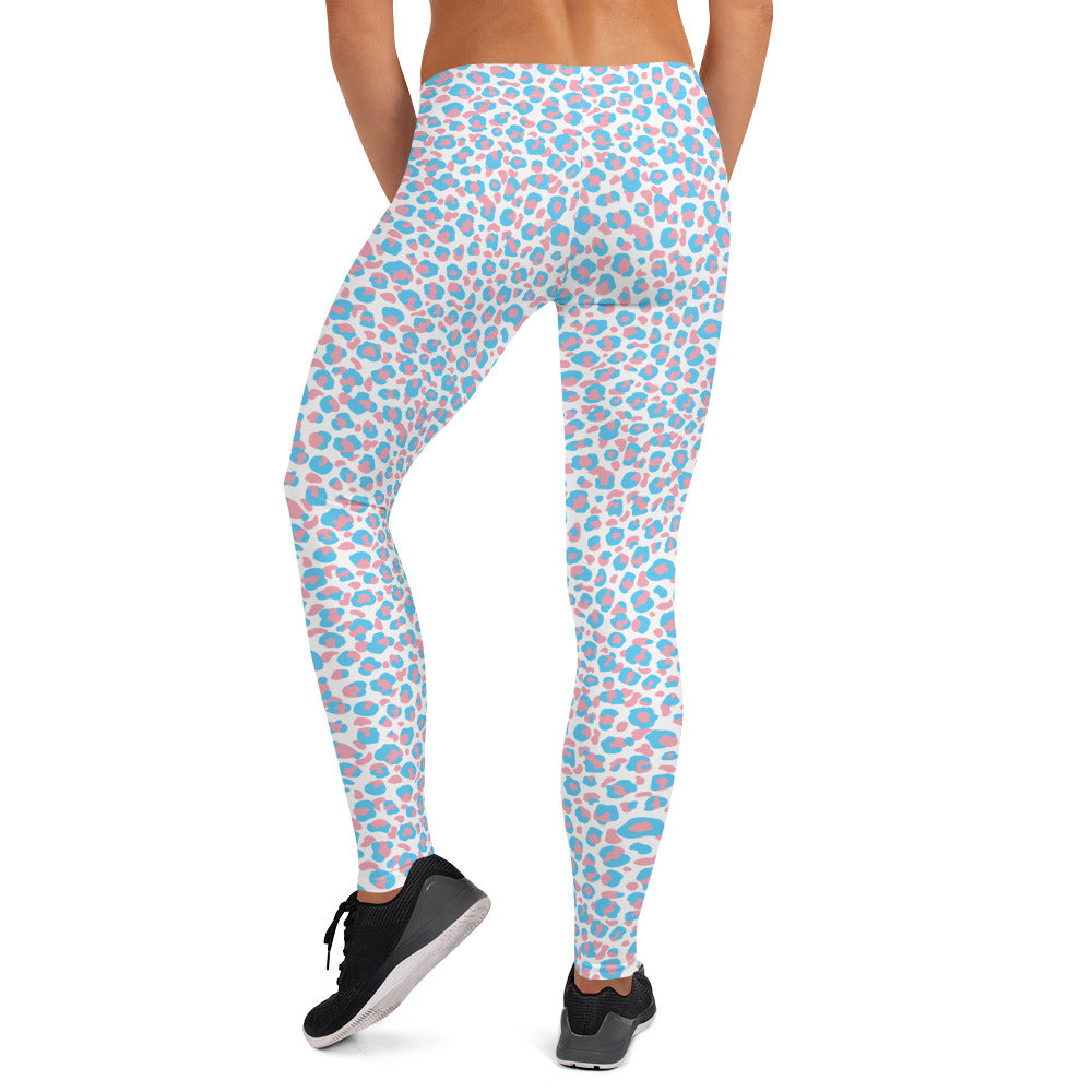 Transgender Pride Leopard Print Leggings - LGBTQIA Pink White Blue Trans Flag - Parade Club Running