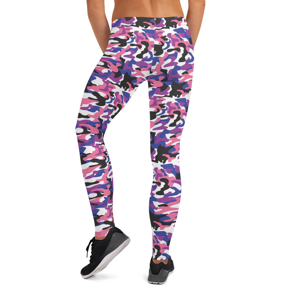 Genderfluid Pride Camo Print Leggings - LGBTQIA Pink, White, Purple, Black, Blue Flag - Parade Club Running