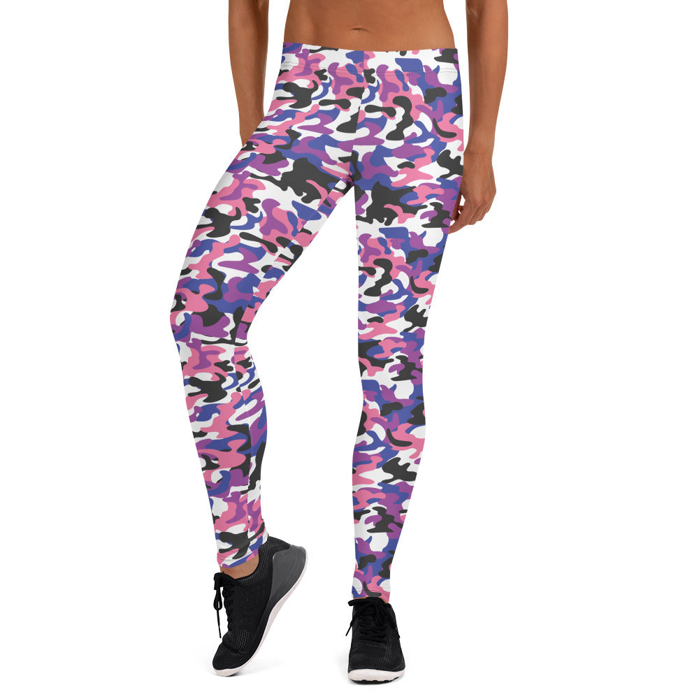 Genderfluid Pride Camo Print Leggings - LGBTQIA Pink, White, Purple, Black, Blue Flag - Parade Club Running