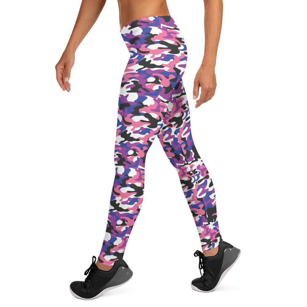 Genderfluid Pride Camo Print Leggings - LGBTQIA Pink, White, Purple, Black, Blue Flag - Parade Club Running