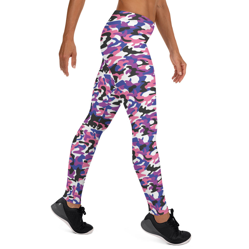 Genderfluid Pride Camo Print Leggings - LGBTQIA Pink, White, Purple, Black, Blue Flag - Parade Club Running