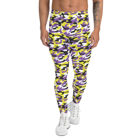 Non Binary Pride Men’s Leggings - LGBTQIA Yellow, Purple, White, Black Athletic Pants - Parade Club Vacation Running Swimming