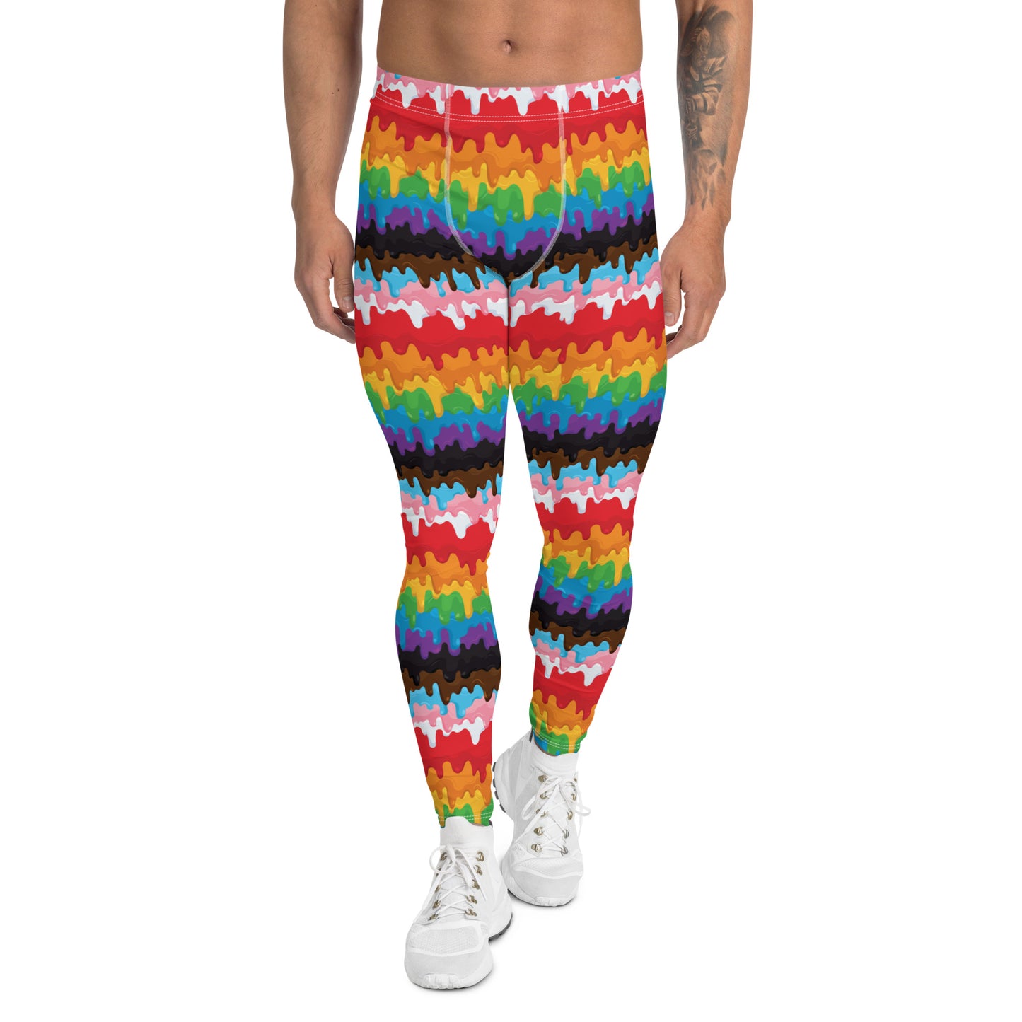 Progress Pride Men’s Leggings - LGBTQIA Red, Orange, Yellow, Green, Rainbow, Purple, Black, Pink and White Athletic Pants - Parade Club Vacation Running Swimming