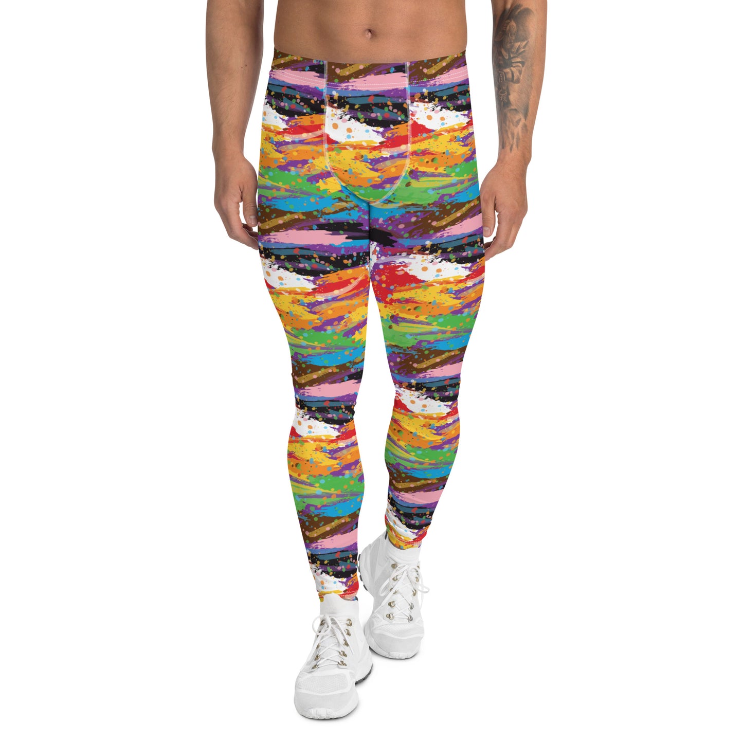 Progress Pride Men’s Leggings - LGBTQIA Red, Orange, Yellow, Green, Rainbow, Purple, Black, Pink and White Athletic Pants - Parade Club Vacation Running Swimming