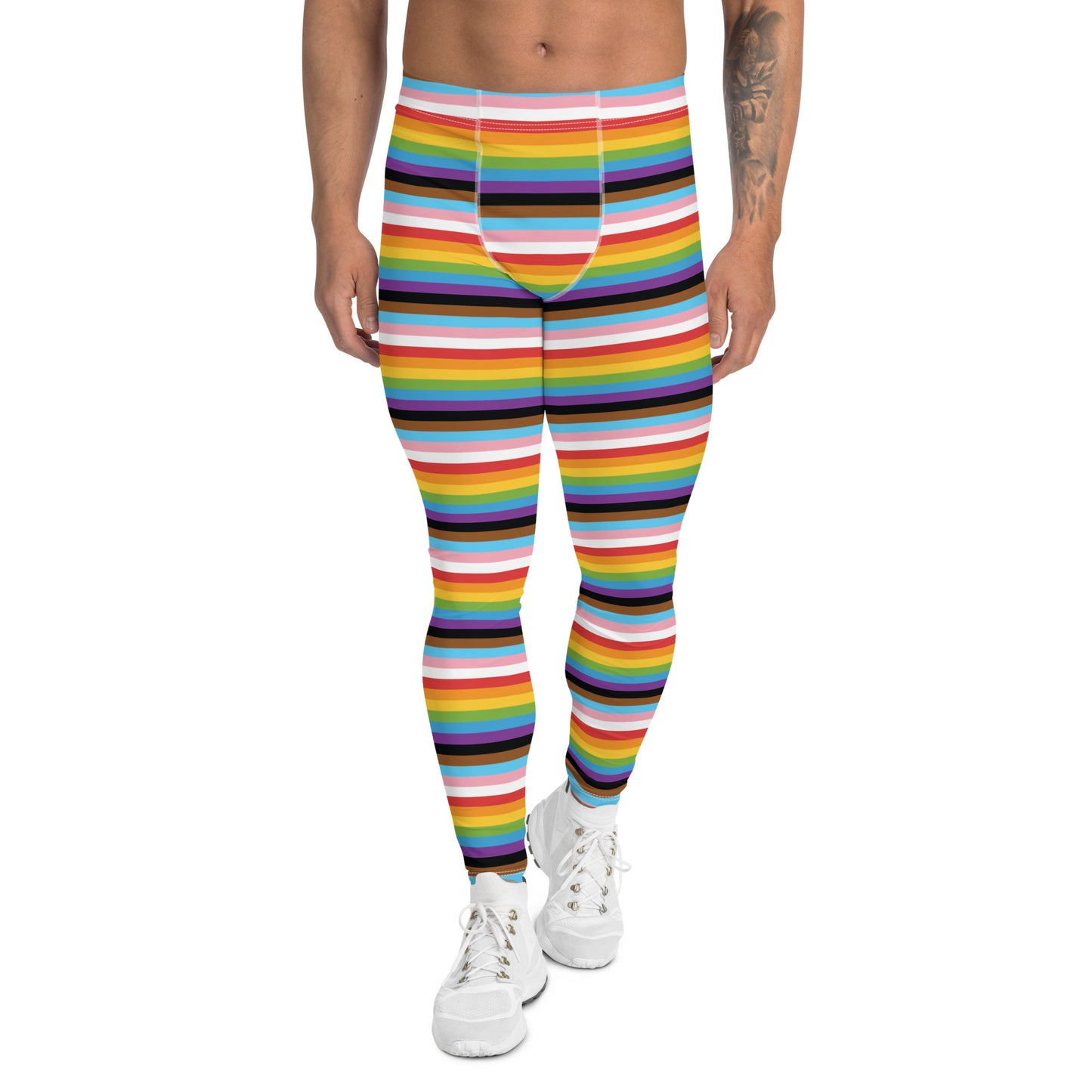 Progress Pride Men’s Leggings - LGBTQIA Red, Orange, Yellow, Green, Rainbow, Purple, Black, Pink and White Athletic Pants - Parade Club Vacation Running Swimming