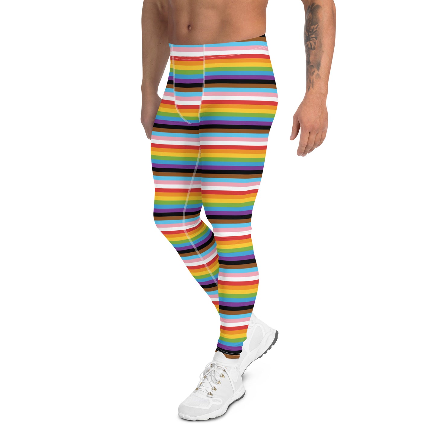 Progress Pride Men’s Leggings - LGBTQIA Red, Orange, Yellow, Green, Rainbow, Purple, Black, Pink and White Athletic Pants - Parade Club Vacation Running Swimming