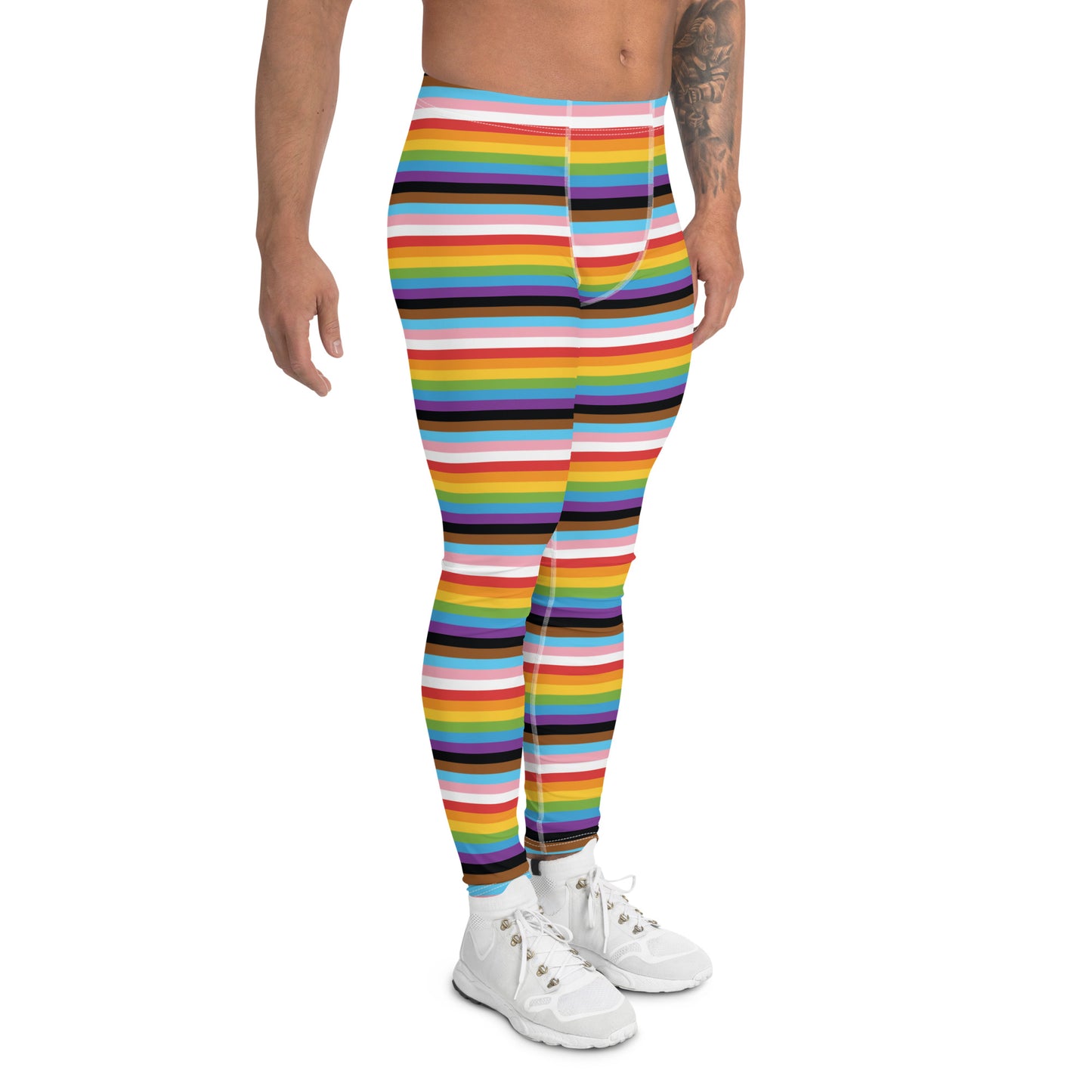 Progress Pride Men’s Leggings - LGBTQIA Red, Orange, Yellow, Green, Rainbow, Purple, Black, Pink and White Athletic Pants - Parade Club Vacation Running Swimming