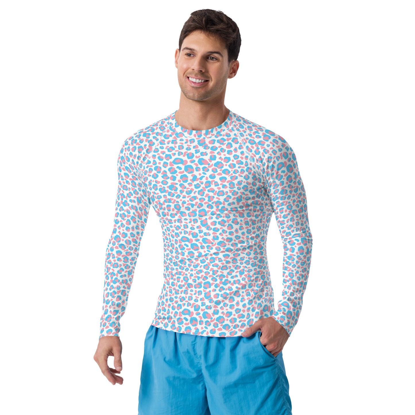 Transgender Pride Men's Leopard Print Rash Guard - LGBTQIA Pink White Blue Trans Flag Fitted Long Sleeve Shirt - Parade Club Running Jiu-Jitsu