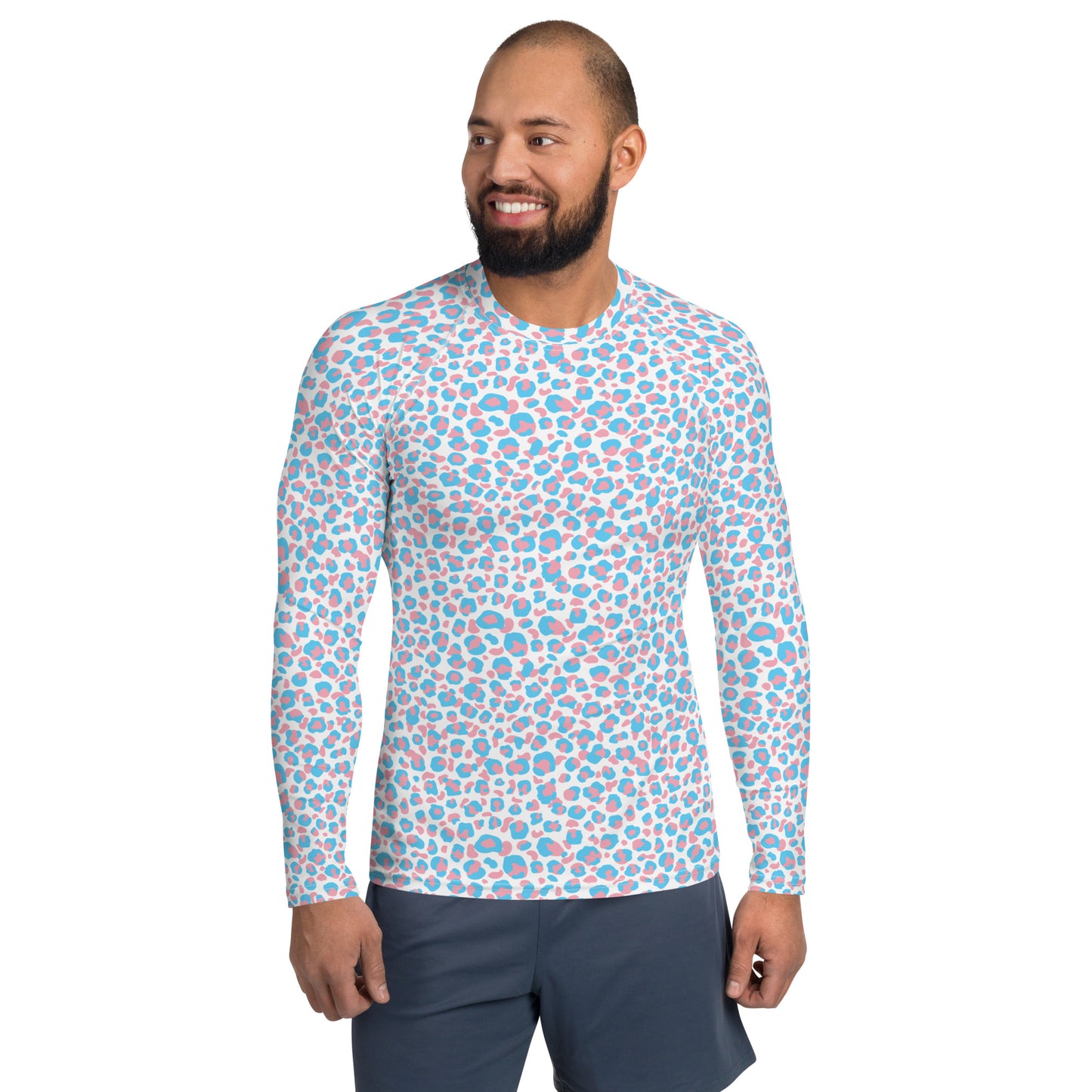 Transgender Pride Men's Leopard Print Rash Guard - LGBTQIA Pink White Blue Trans Flag Fitted Long Sleeve Shirt - Parade Club Running Jiu-Jitsu