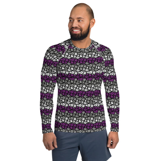 Asexual Pride Men’s Rash Guard - LGBTQIA Black, Gray, Purple, and White Athletic Fitted Long Sleeve Shirt - Parade Club Vacation Running Swimming