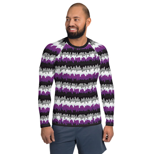 Asexual Pride Men’s Rash Guard - LGBTQIA Black, Gray, Purple, and White Athletic Fitted Long Sleeve Shirt - Parade Club Vacation Running Swimming