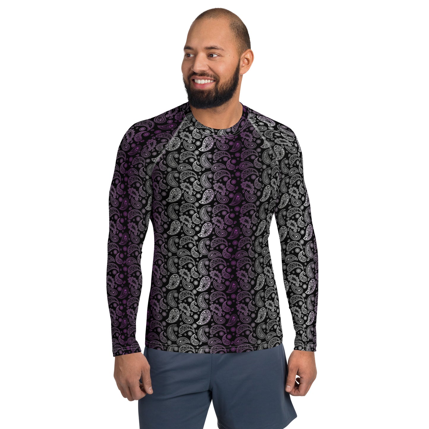 Asexual Pride Men’s Rash Guard - LGBTQIA Black, Gray, Purple, and White Athletic Fitted Long Sleeve Shirt - Parade Club Vacation Running Swimming