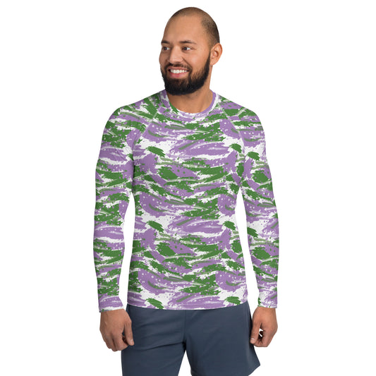 Gender Queer Pride Men’s Rash Guard - LGBTQIA Purple, White, Green Athletic Fitted Long Sleeve Shirt - Parade Club Vacation Running Swimming