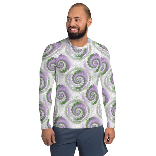 Gender Queer Pride Men’s Rash Guard - LGBTQIA Purple, White, Green Athletic Fitted Long Sleeve Shirt - Parade Club Vacation Running Swimming