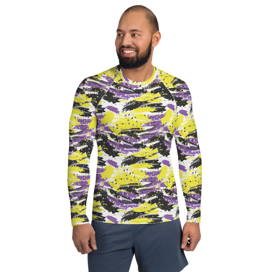 Non Binary Pride Men’s Rash Guard - LGBTQIA Yellow, Purple, White, Black  Athletic Fitted Long Sleeve Shirt - Parade Club Vacation Running Swimming