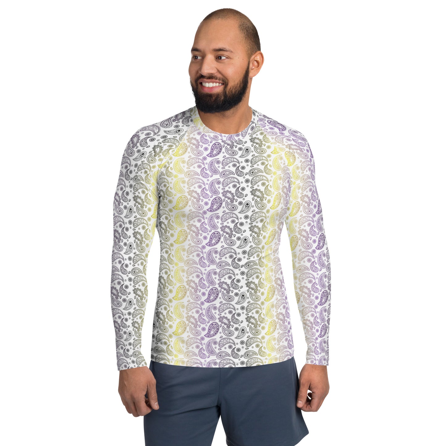 Non Binary Pride Men’s Rash Guard - LGBTQIA Yellow, Purple, White, Black  Athletic Fitted Long Sleeve Shirt - Parade Club Vacation Running Swimming