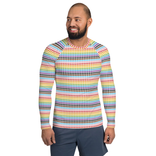 Progress Pride Men’s Rash Guard - LGBTQIA Red, Orange, Yellow, Green, Rainbow, Purple, Black, Pink and White Athletic Fitted Long Sleeve Shirt - Parade Club Vacation Running Swimming