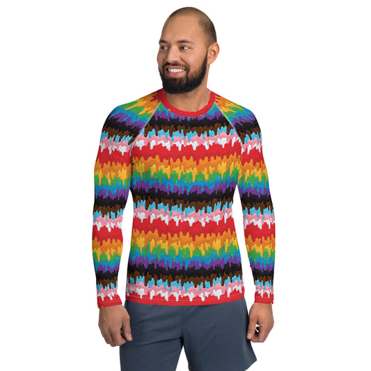 Progress Pride Men’s Rash Guard - LGBTQIA Red, Orange, Yellow, Green, Rainbow, Purple, Black, Pink and White Athletic Fitted Long Sleeve Shirt - Parade Club Vacation Running Swimming