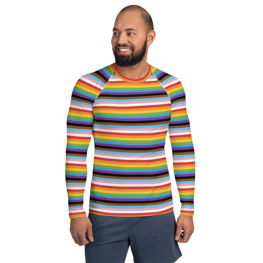 Progress Pride Men’s Rash Guard - LGBTQIA Red, Orange, Yellow, Green, Rainbow, Purple, Black, Pink and White Athletic Fitted Long Sleeve Shirt - Parade Club Vacation Running Swimming