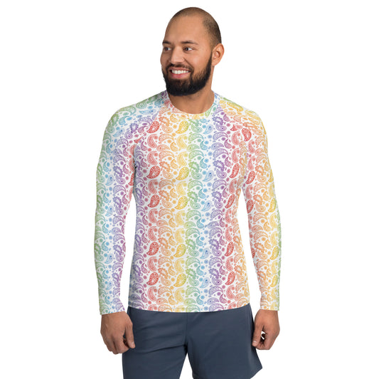 Rainbow Pride Men’s Rash Guard - LGBTQIA Red, Orange, Yellow, Green, Blue, Indigo, and Viole Athletic Fitted Long Sleeve Shirt - Parade Club Vacation Running Swimming