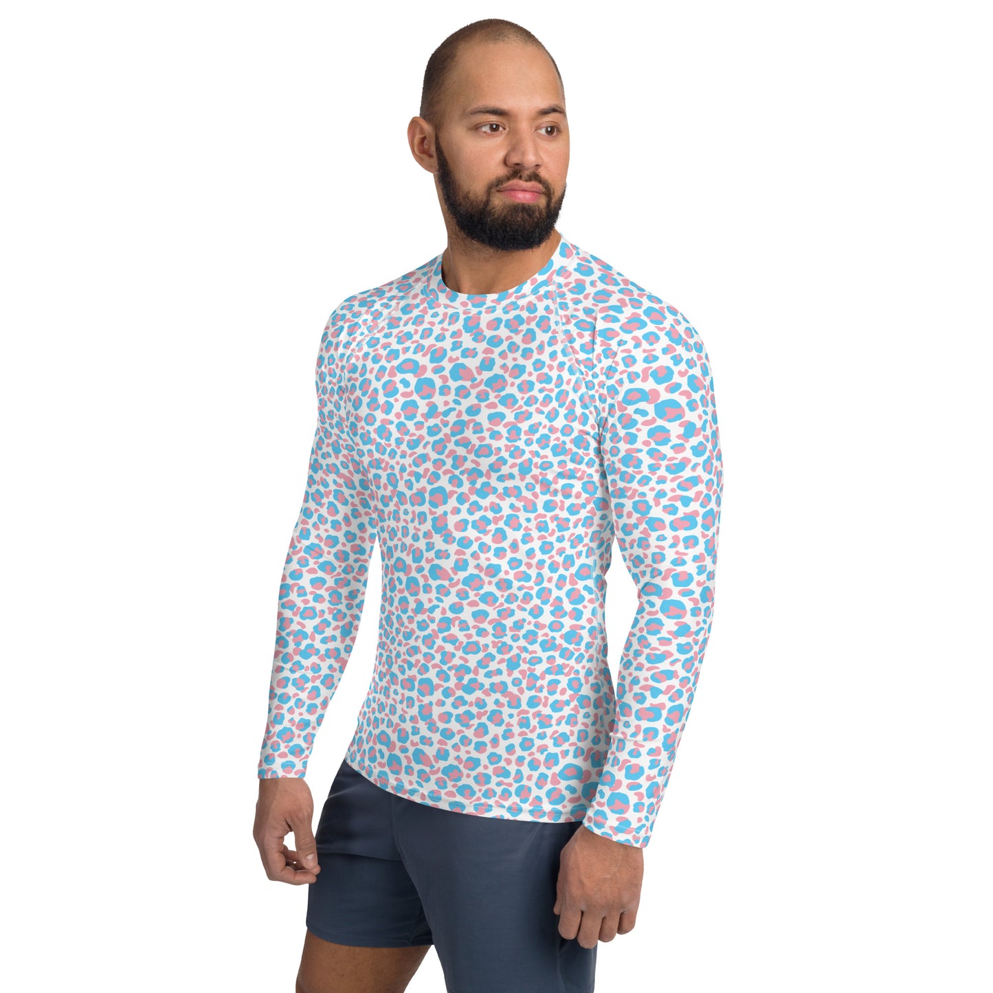 Transgender Pride Men's Leopard Print Rash Guard - LGBTQIA Pink White Blue Trans Flag Fitted Long Sleeve Shirt - Parade Club Running Jiu-Jitsu