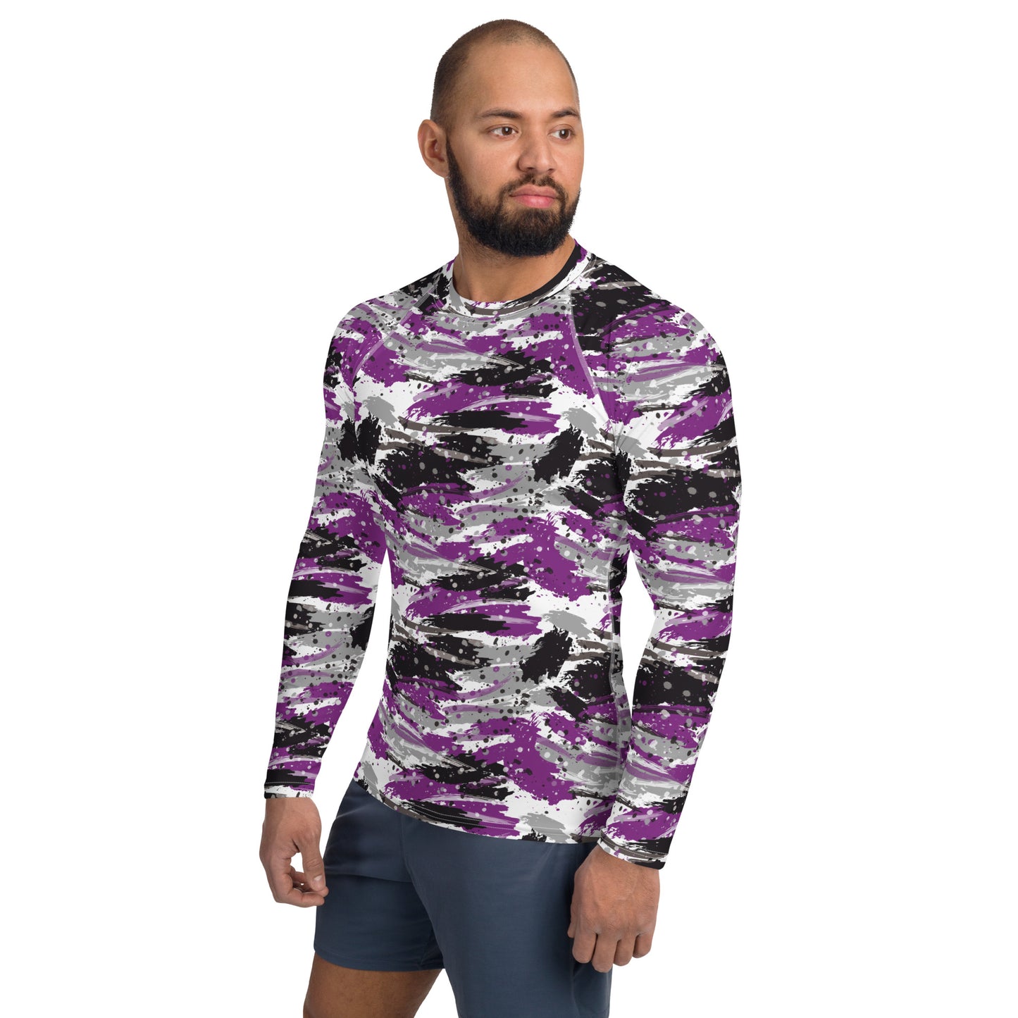 Asexual Pride Men’s Rash Guard - LGBTQIA Black, Gray, Purple, and White Athletic Fitted Long Sleeve Shirt - Parade Club Vacation Running Swimming