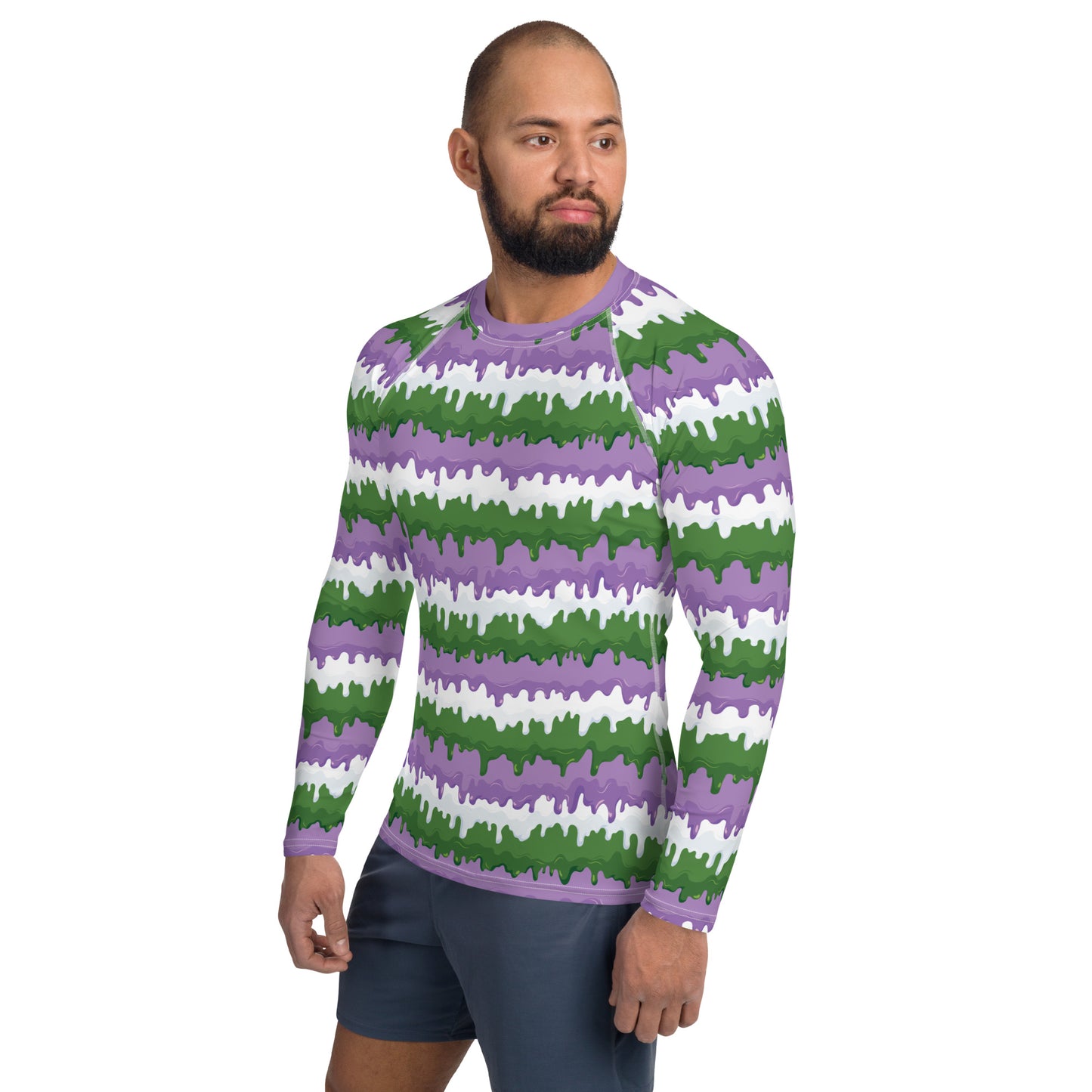 Gender Queer Pride Men’s Rash Guard - LGBTQIA Purple, White, Green Athletic Fitted Long Sleeve Shirt - Parade Club Vacation Running Swimming