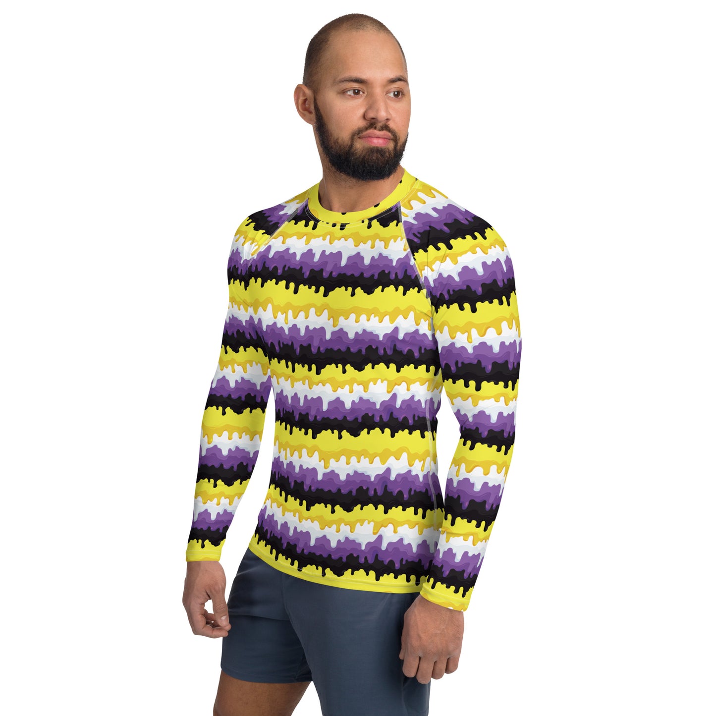 Non Binary Pride Men’s Rash Guard - LGBTQIA Yellow, Purple, White, Black  Athletic Fitted Long Sleeve Shirt - Parade Club Vacation Running Swimming