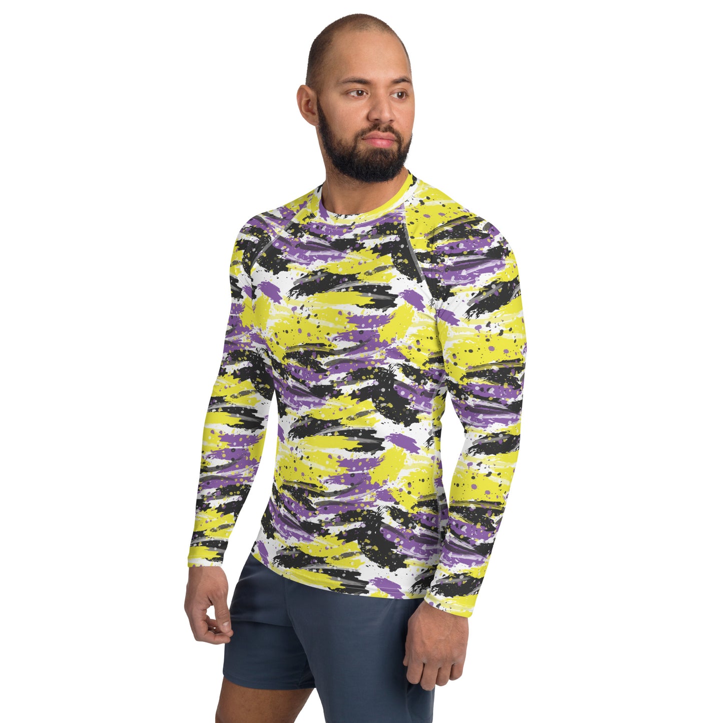 Non Binary Pride Men’s Rash Guard - LGBTQIA Yellow, Purple, White, Black  Athletic Fitted Long Sleeve Shirt - Parade Club Vacation Running Swimming