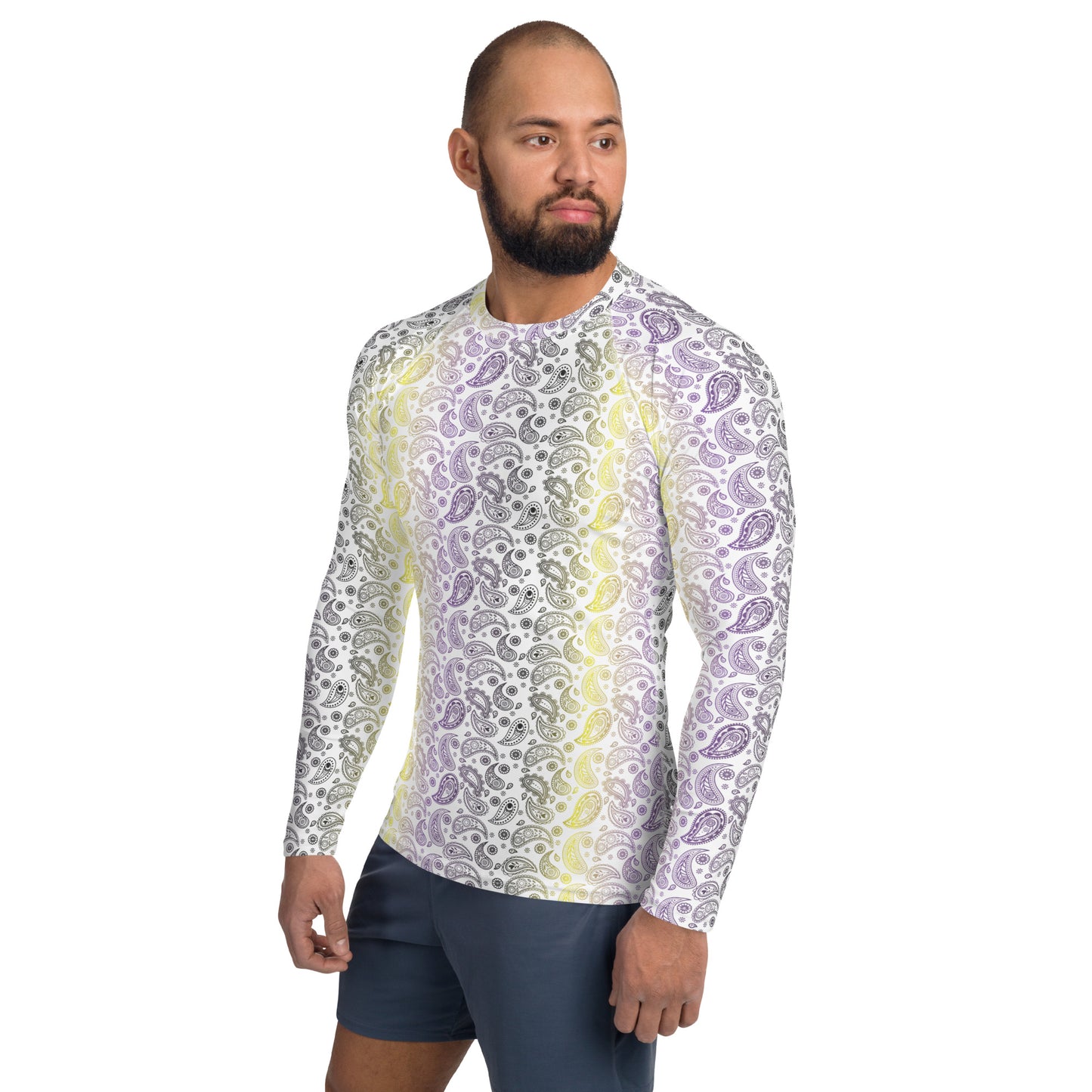 Non Binary Pride Men’s Rash Guard - LGBTQIA Yellow, Purple, White, Black  Athletic Fitted Long Sleeve Shirt - Parade Club Vacation Running Swimming