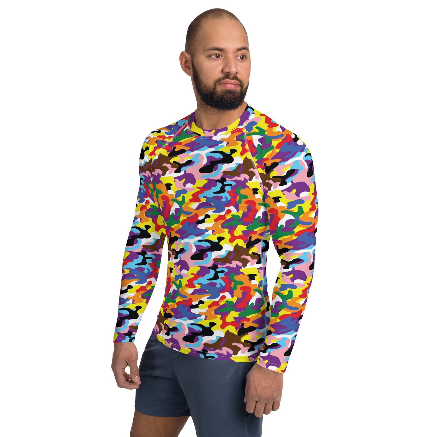 Progress Pride Men’s Rash Guard - LGBTQIA Red, Orange, Yellow, Green, Rainbow, Purple, Black, Pink and White Athletic Fitted Long Sleeve Shirt - Parade Club Vacation Running Swimming