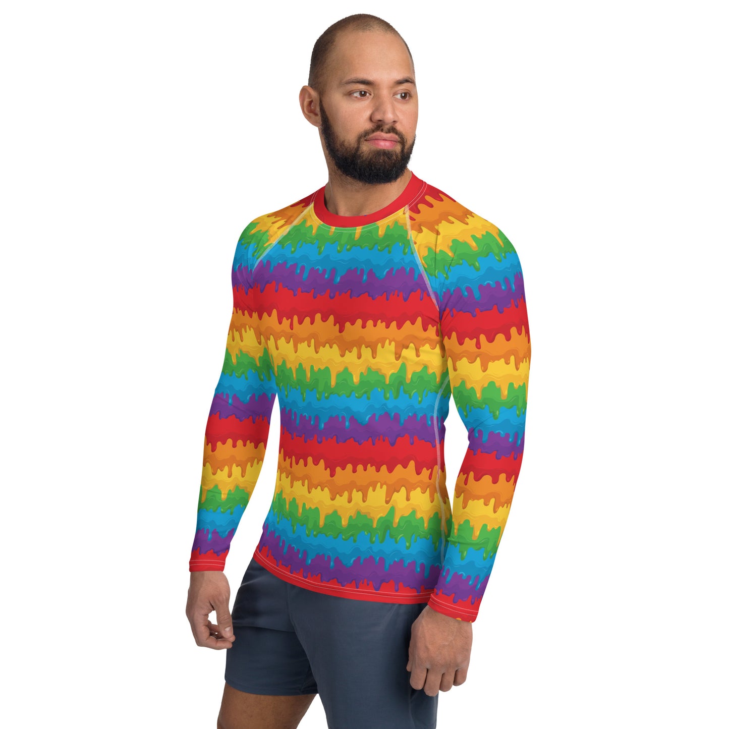 Rainbow Pride Men’s Rash Guard - LGBTQIA Red, Orange, Yellow, Green, Blue, Indigo, and Viole Athletic Fitted Long Sleeve Shirt - Parade Club Vacation Running Swimming