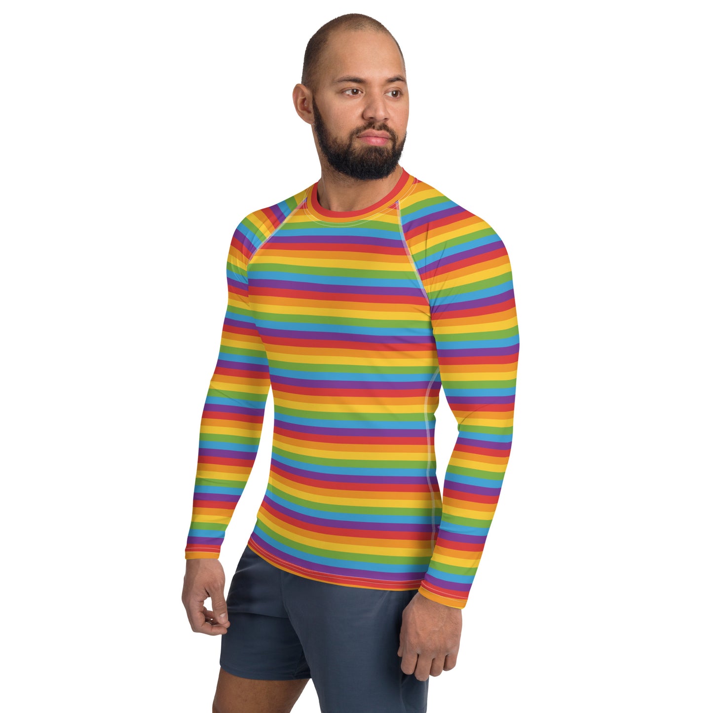 Rainbow Pride Men’s Rash Guard - LGBTQIA Red, Orange, Yellow, Green, Blue, Indigo, and Viole Athletic Fitted Long Sleeve Shirt - Parade Club Vacation Running Swimming