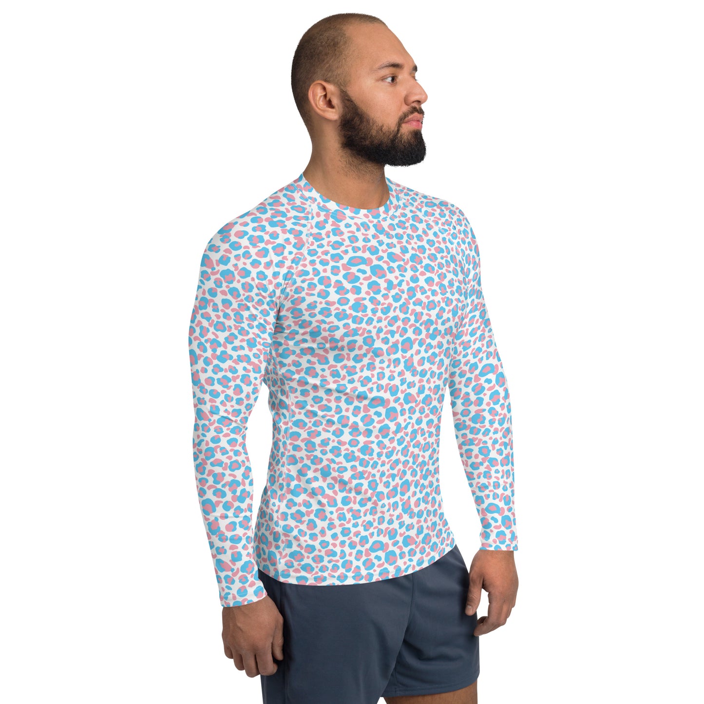 Transgender Pride Men's Leopard Print Rash Guard - LGBTQIA Pink White Blue Trans Flag Fitted Long Sleeve Shirt - Parade Club Running Jiu-Jitsu