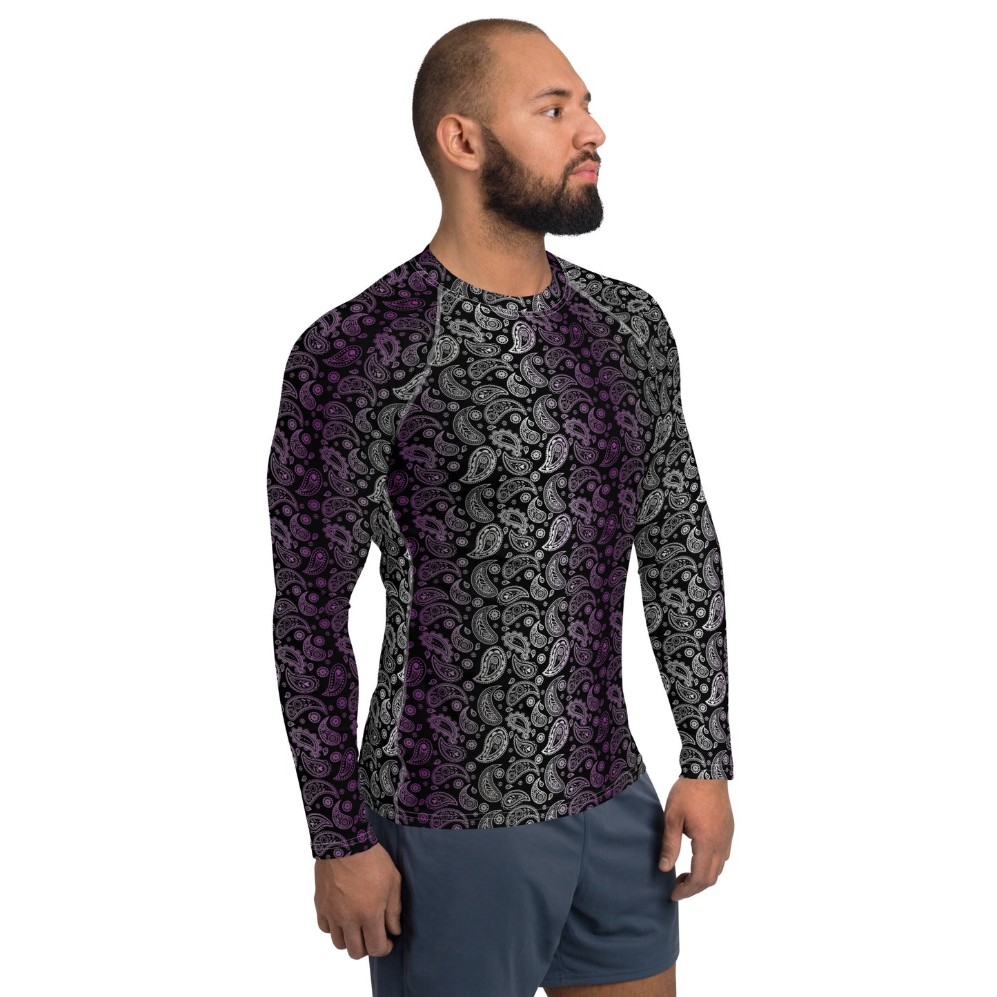 Asexual Pride Men’s Rash Guard - LGBTQIA Black, Gray, Purple, and White Athletic Fitted Long Sleeve Shirt - Parade Club Vacation Running Swimming