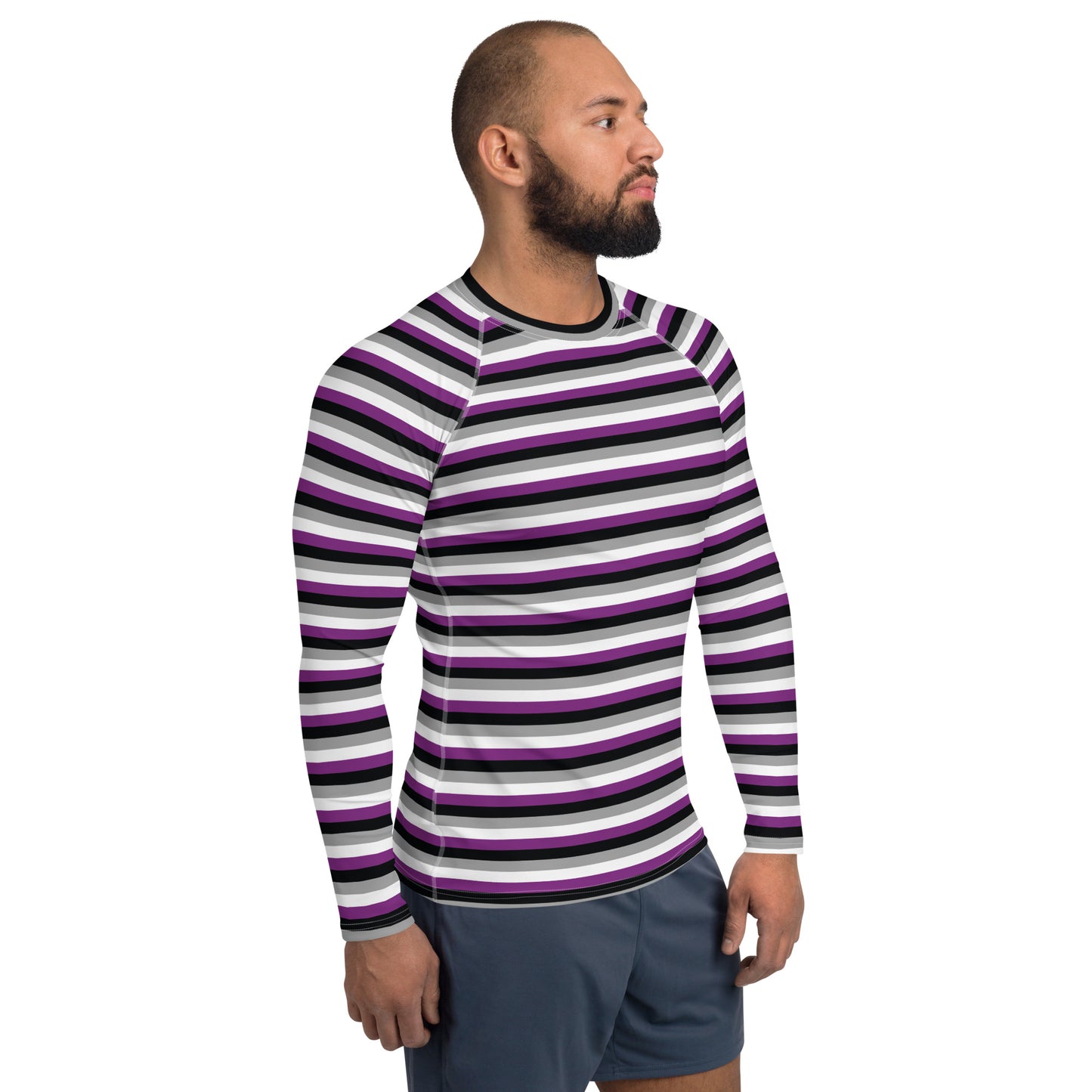 Asexual Pride Men’s Rash Guard - LGBTQIA Black, Gray, Purple, and White Athletic Fitted Long Sleeve Shirt - Parade Club Vacation Running Swimming