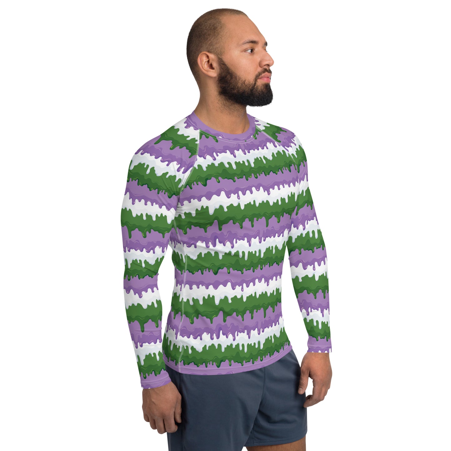 Gender Queer Pride Men’s Rash Guard - LGBTQIA Purple, White, Green Athletic Fitted Long Sleeve Shirt - Parade Club Vacation Running Swimming