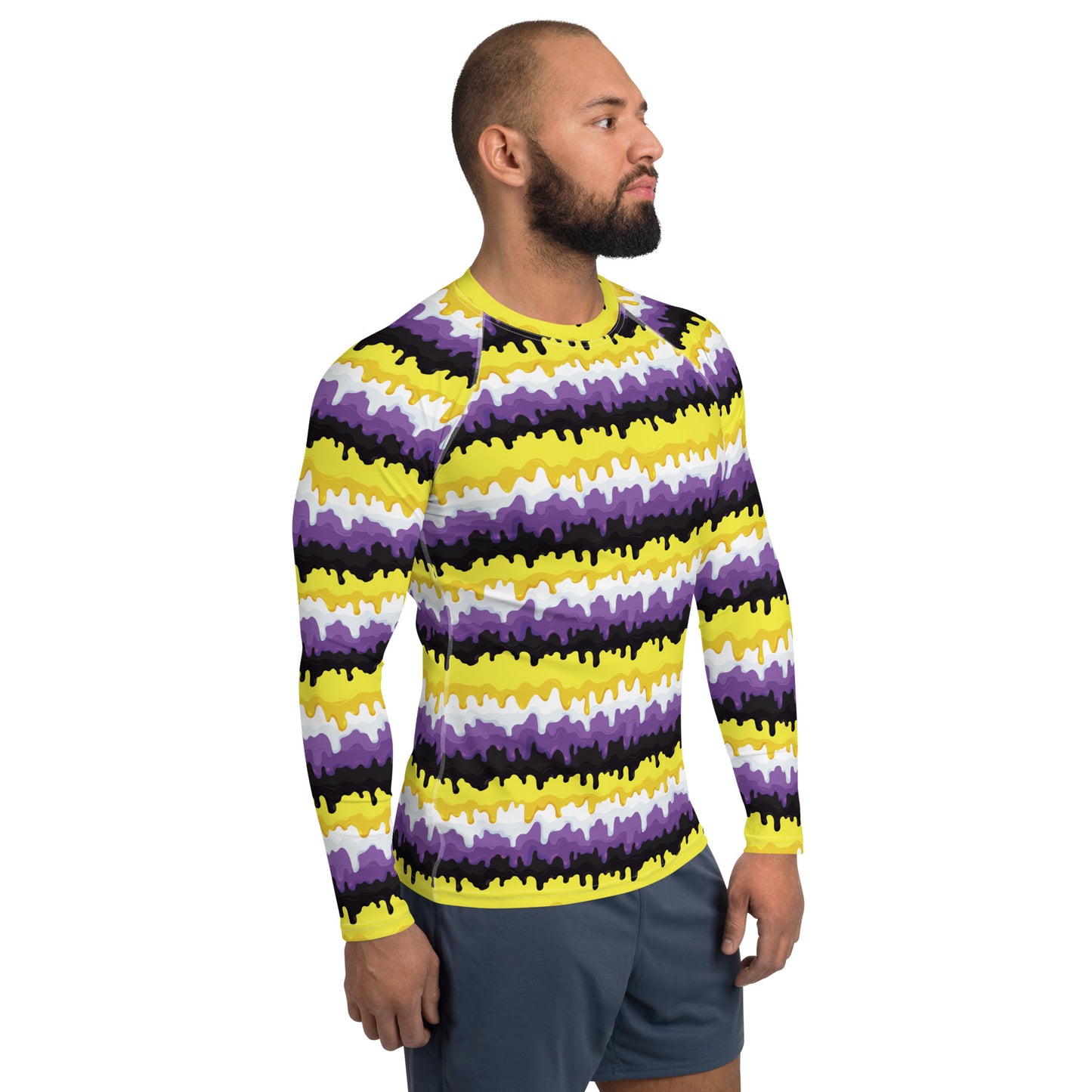 Non Binary Pride Men’s Rash Guard - LGBTQIA Yellow, Purple, White, Black  Athletic Fitted Long Sleeve Shirt - Parade Club Vacation Running Swimming