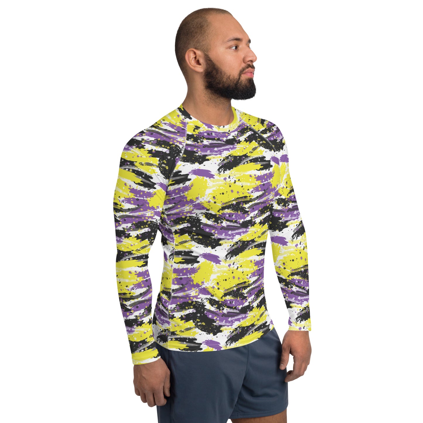 Non Binary Pride Men’s Rash Guard - LGBTQIA Yellow, Purple, White, Black  Athletic Fitted Long Sleeve Shirt - Parade Club Vacation Running Swimming