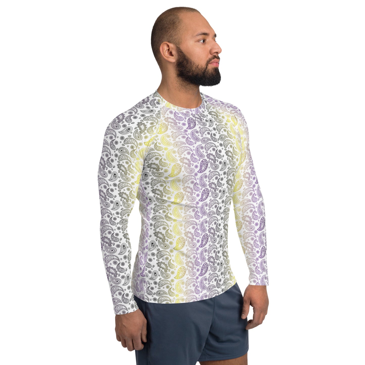 Non Binary Pride Men’s Rash Guard - LGBTQIA Yellow, Purple, White, Black  Athletic Fitted Long Sleeve Shirt - Parade Club Vacation Running Swimming