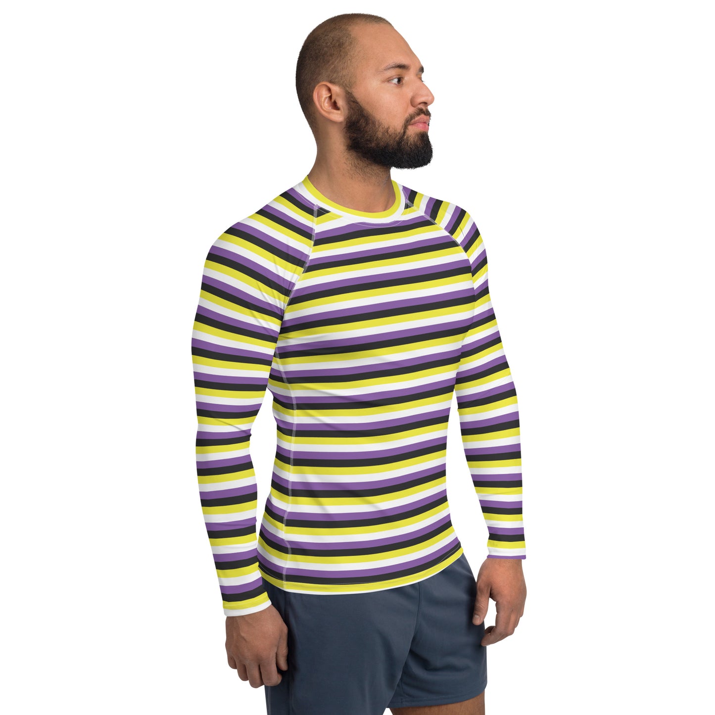 Non Binary Pride Men’s Rash Guard - LGBTQIA Yellow, Purple, White, Black  Athletic Fitted Long Sleeve Shirt - Parade Club Vacation Running Swimming