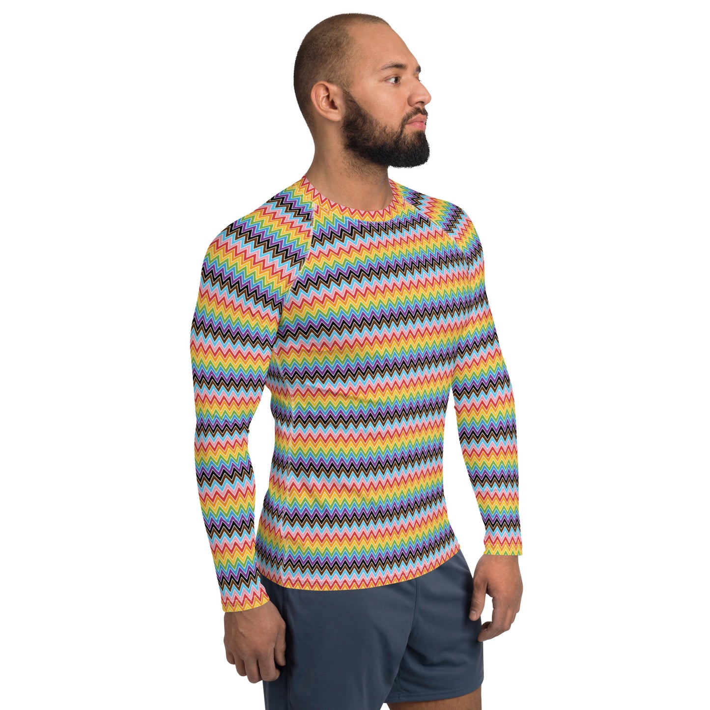 Progress Pride Men’s Rash Guard - LGBTQIA Red, Orange, Yellow, Green, Rainbow, Purple, Black, Pink and White Athletic Fitted Long Sleeve Shirt - Parade Club Vacation Running Swimming