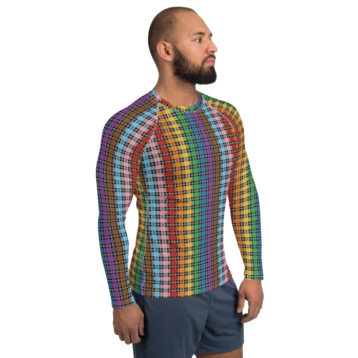 Progress Pride Men’s Rash Guard - LGBTQIA Red, Orange, Yellow, Green, Rainbow, Purple, Black, Pink and White Athletic Fitted Long Sleeve Shirt - Parade Club Vacation Running Swimming